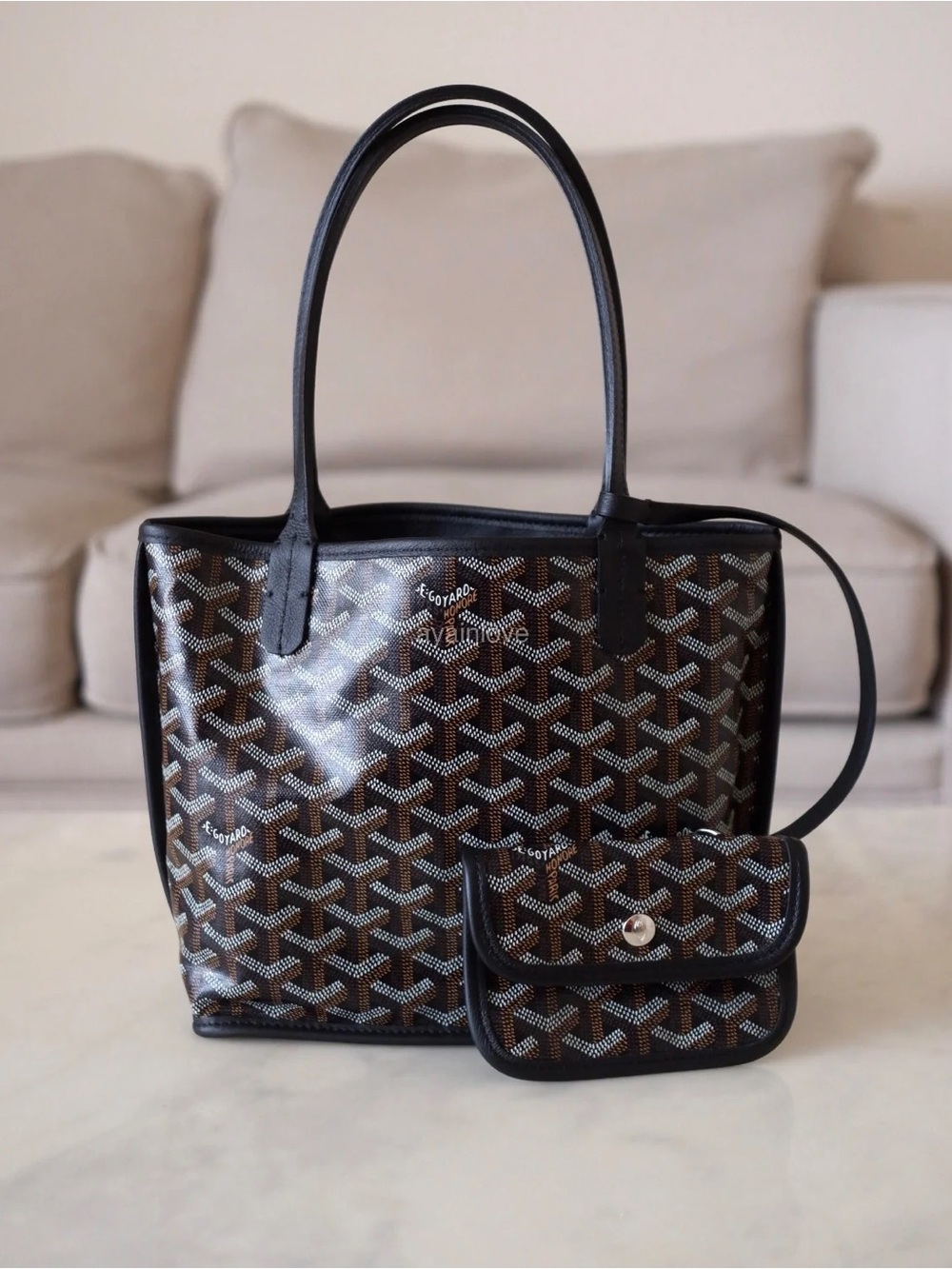 Goyard Brown and Black Goyardine Small Tote with Pouch